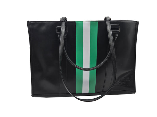 Black Vegan Leather Tote Bag with Green and White Stripes